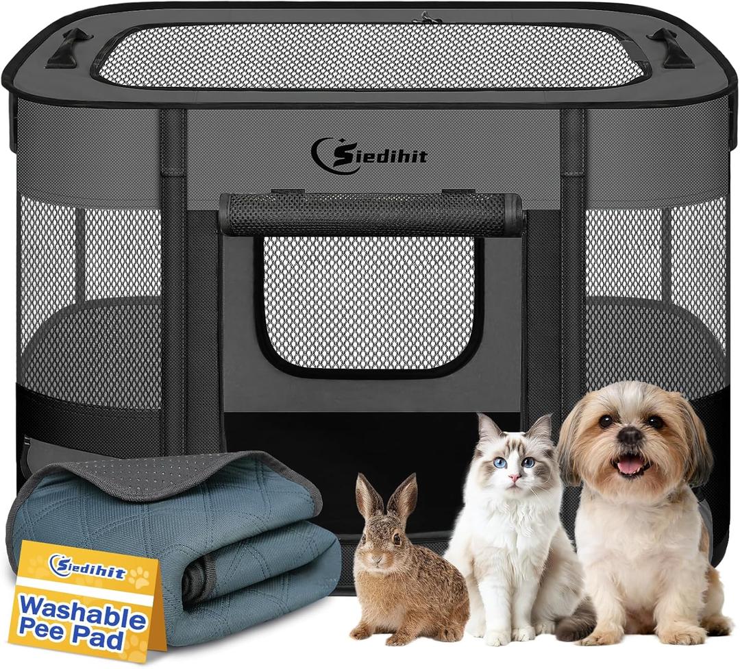 Dog Playpen, Cat Pet Puppy Pen, Portable Playpens for Dogs Indoor Outdoor Travel Camping Use, Foldable Dog Kennel Tent Crate for Rabbit Small Animals with Carrying Case (Dark Grey with Pad, Small)