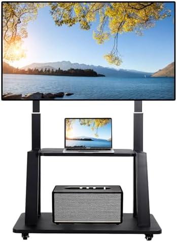 Maiproo Rolling TV Stand Mobile TV Cart on Wheels for 42-86 Inch Flat/Curved LED/LCD/OLED Height Adjustable Heavy Duty Floor Portable TV Stand with Wheels with Laptop DVD Shelf Holds up to 176lbs
