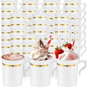 Baderke 48 Pcs Plastic Coffee Cups with Rim 8 oz Disposable Coffee Mugs with Handle Disposable Tea Cups Espresso Beverage Plastic Mugs for Wedding (White,Gold)