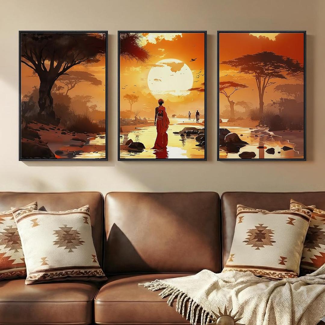 Framed Black Woman Wall Art Set of 3, African Natural Sunset Landscape Canvas Prints, Modern Orange Scenery Artwork for Walls, Warm Aesthetic Room Artwork for Living Room, Bedroom or Office Wall Decor, 16x24 In, 16"W x 24" H x 3Pcs
