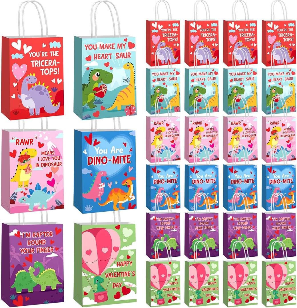 Epakh 24 Pcs Valentine's Day Gift Bags Dinosaur Treat Goodie Paper Bags with Handles for Valentines Gifts Wrapping Dino Birthday Party Supplies Decorations