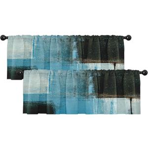 Emvency 2 Pack Valances Window Treatments, Blue and Brown Painting Art Modern Abstract Blackout Adjustable for Living Room Bathroom Bedroom Kitchen Over Sink, 52x18 Inch Rod Pocket Valances