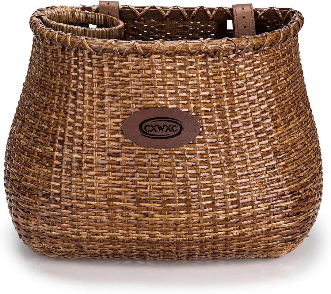 CXWXC Bike Basket - Handmade Rattan Bike Baskets for Girls Women - Front Bicycle Bike Basket with Coffee Cup Holder for Beach Cruiser, Scooter, Ebike, Large