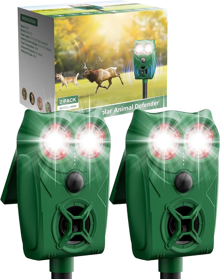 Solar Ultrasonic Animal Repellent with Motion Sensor - Waterproof Deer Repellent Device with LED Lights for Yard, Effective Against Deer, Coyotes, Raccoons & Cats (2, Green)