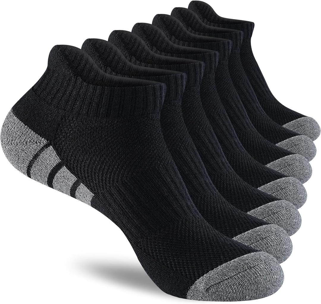 Monxiery 7 Pairs Mens Cotton Cushioned Ankle Socks, Athletic Performance Running Moisture Wicking Breathable Low Cut Socks (Black)