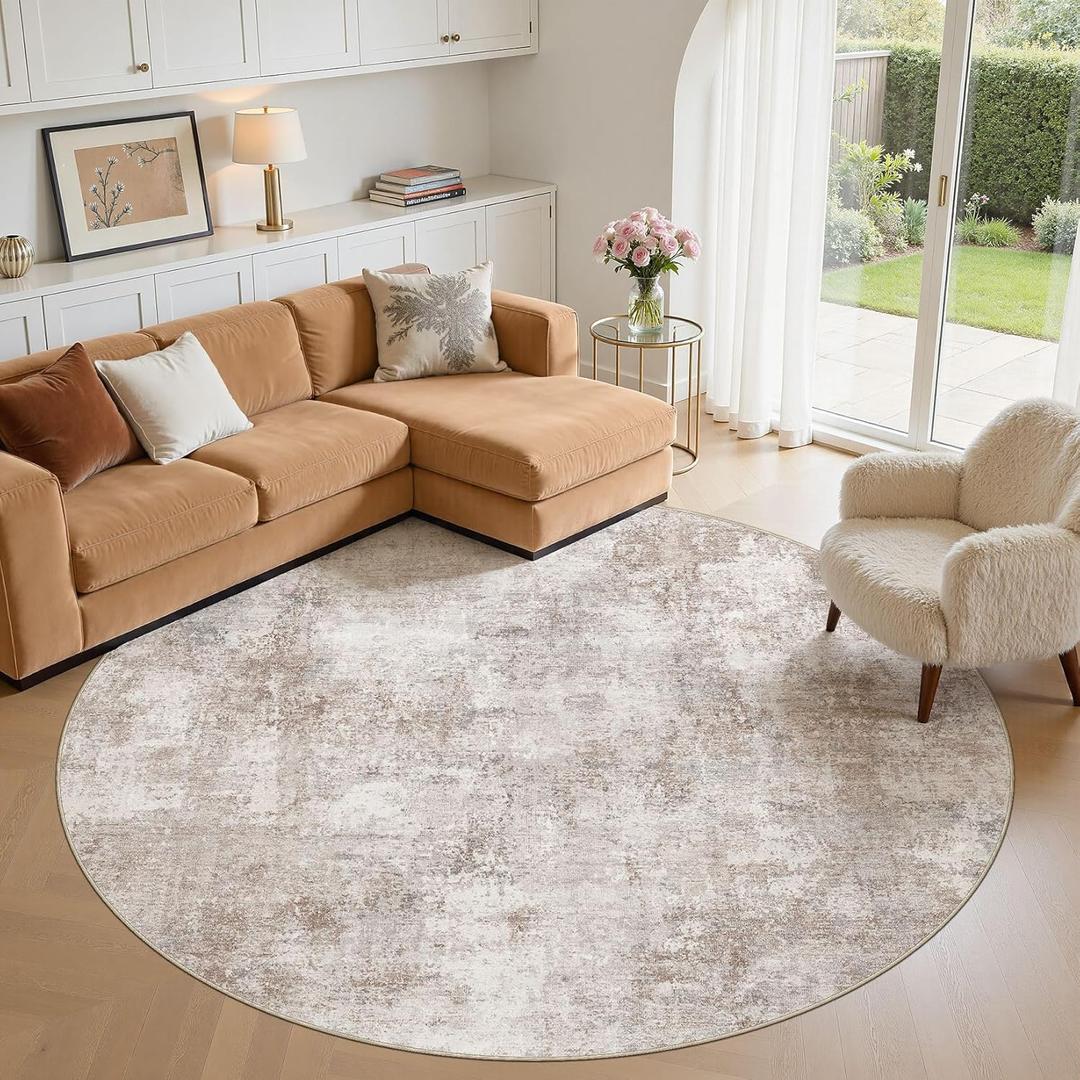 8ft Round Area Rugs for Living Room, 8x8 Washable Non Slip Soft Large Rugs for Bedroom Dining Room, Modern Abstract Low Pile Stain Resistant Carpet for Laundry Office Home Decor - Brown