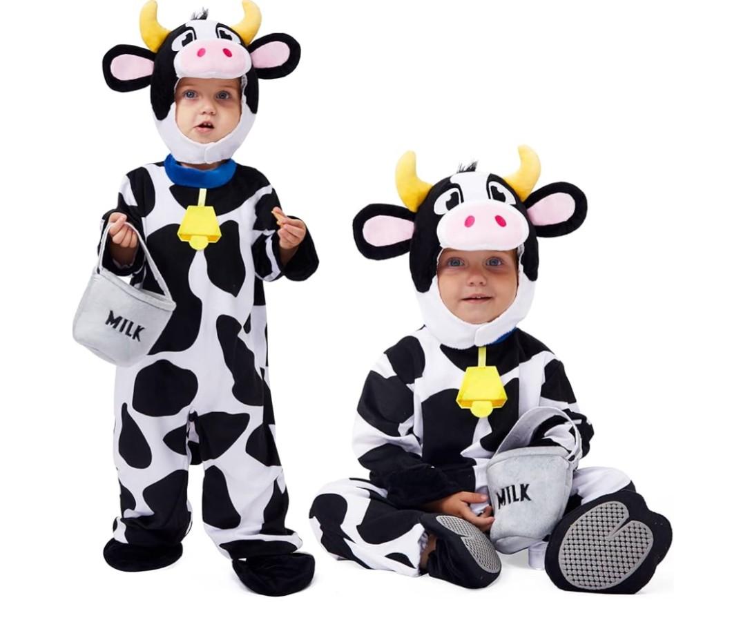Spooktacular Creations Unisex Baby Cow Costume Jumpsuit Outfit with Milking Bucket for Infant Child Boys and Girls Halloween Costume Cosplay, Trick or Treat Farm Party Dress Up (12-18 Months)