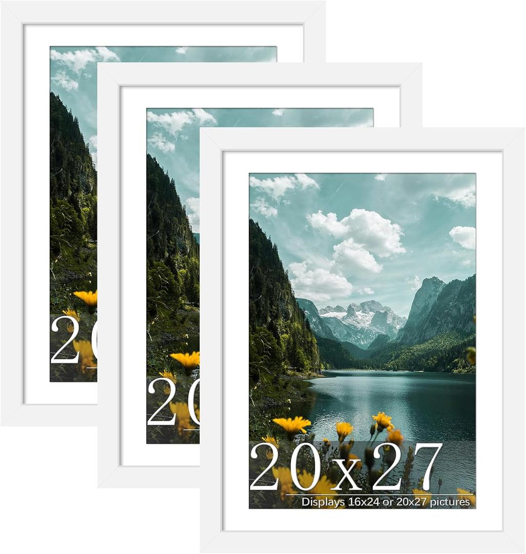 Picrit 20x27 Picture Frame 3 Pack, White Poster Frame, Display Poster 16 x 24 with Mat or 20 x 27 without Mat for Horizontal or Vertical Wall Mounting