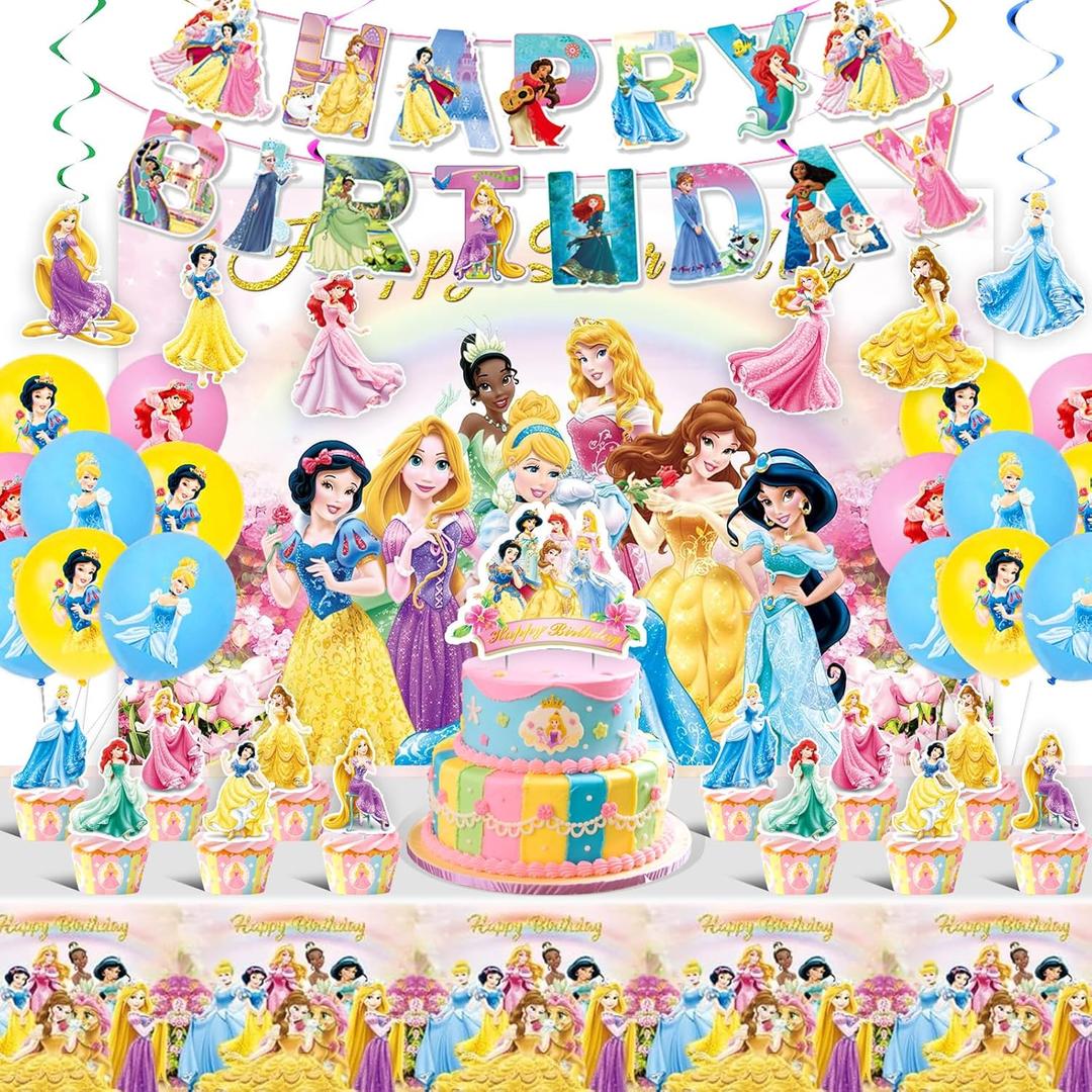 Princess Birthday Party Supplies, Party Decorations Set Includes Banner, Backdrop, Balloons, Hanging Swirls, Cake Cupcake Toppers, Tablecloth for Girls Princess Theme Party