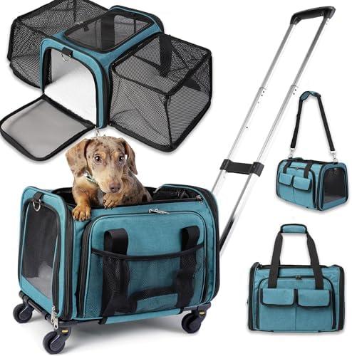 Pet Carrier with Wheels | United Delta American Frontier Airline Approved | Two Expandable Sides, Storage Pockets Adjustable Leash | Rolling Dog and Cat Carrier TSA Compliant (Blue 17x11x11)