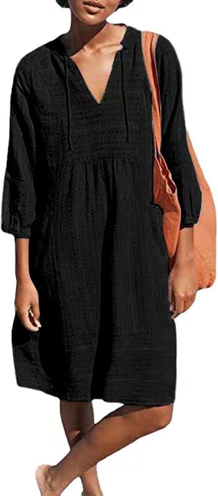 Lafural Womens V Neck Cotton Casual Loose Shift Tunic Smock Summer Dresses Vacation Dress 3/4 Sleeve Pocket (XXL)