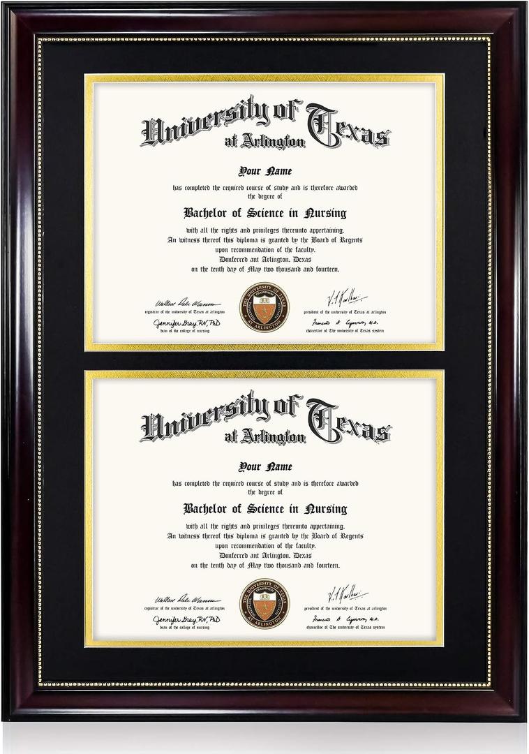 GraduationMall 14x20 Double Diploma Frame, Display 8.5x11 Certificate with Black over Gold Mat,Tempered Glass,Mahogany with Gold Beads