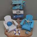 Wonderjune Beach Chair Resin Figurine 7x7 Inch Nautical Summer Decor with Adirondack Chairs and Sign Blue Beach House Tabletop Decoration for End Table Mantle or Housewarming Gift(Coastal)