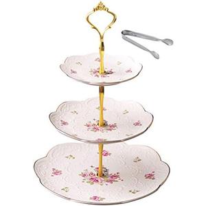 Amazon.com | Jusalpha Elegant Embossed 3-tier Ceramic Cake Stand- Cupcake Stand- Tea Party Pastry Serving Platter in Gift Box and a Free Sugar Tong (FL-Stand 03): Cupcake Stands
