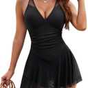 Blooming Jelly Women One Piece Swimsuit Tummy Control Slimming Bathing Suits V Neck Mesh Tie Back Swim Dress (Medium, Black)
