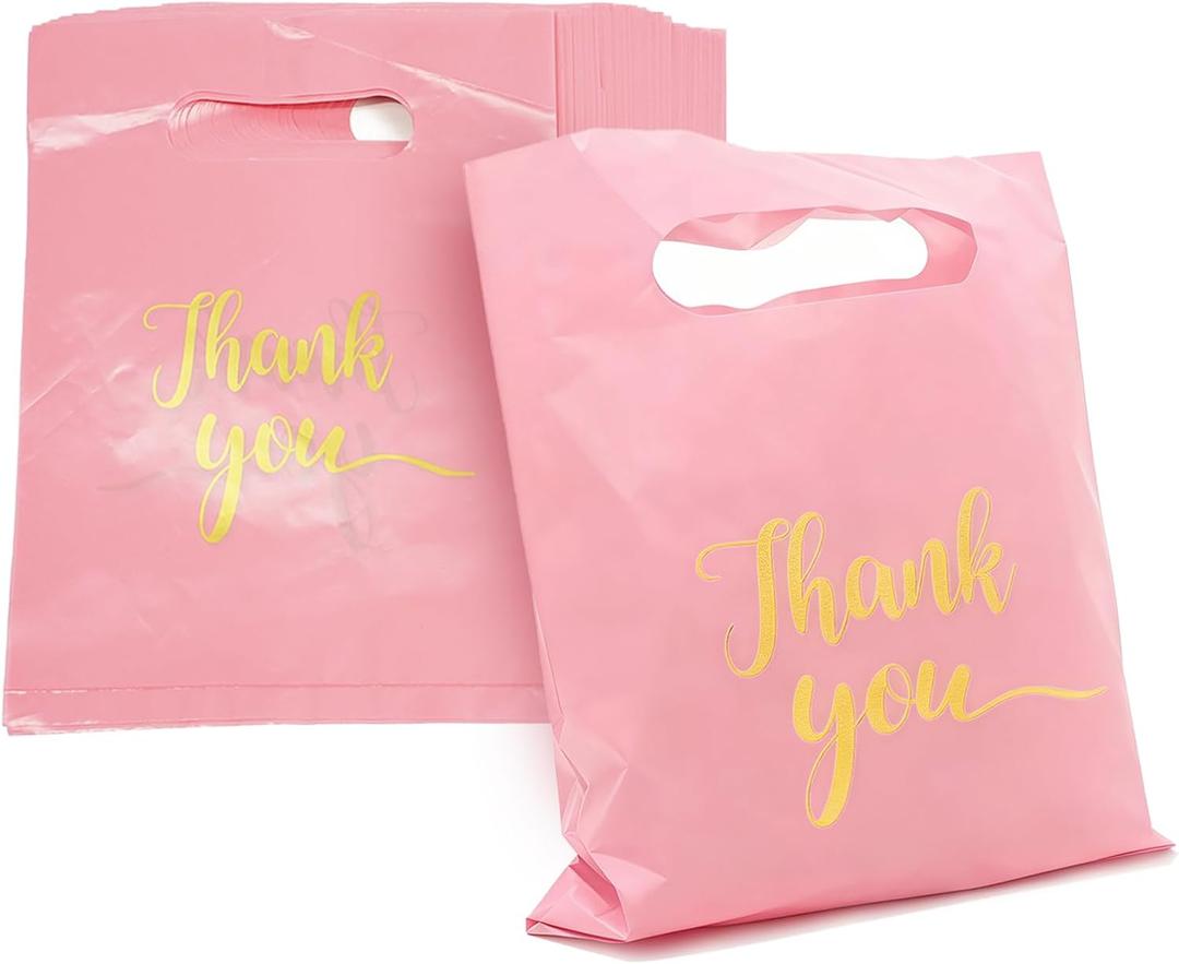 100 Pack Thank You Bags for Small Business, 6x8 Inch Pink Plastic Present Bags with Handles, Extra Thick Reusable Merchandise Bags for Retail Boutique Wedding Party Favors