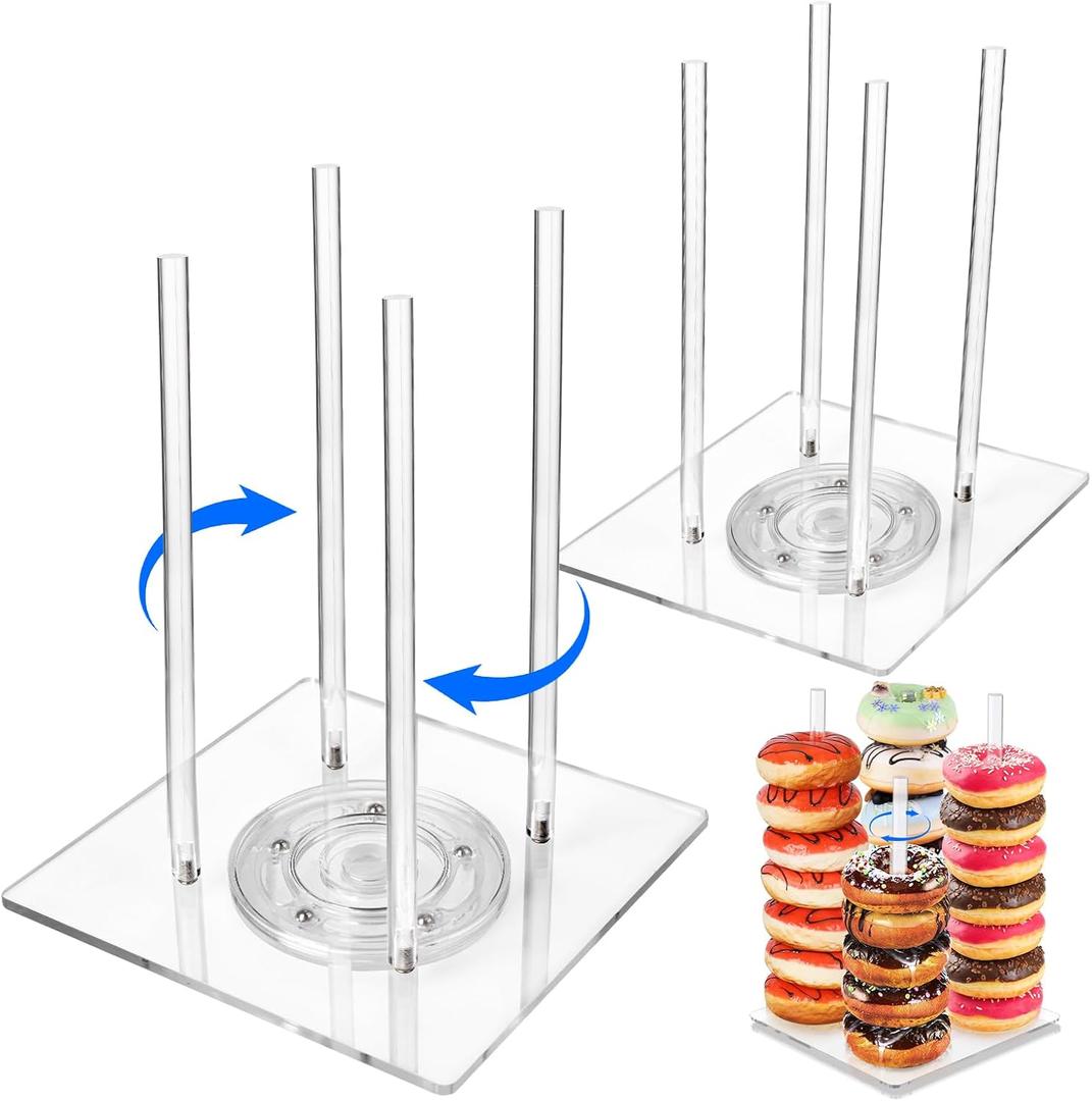 2 Pack Acrylic Donut Stand with Lazy Susan Turntable Tower Stand, Includes 2 Rotating Bases and 8 Support Rods, Perfect for Dessert Tables, Birthday, Wedding, Baby Shower, Party (2 Pack)