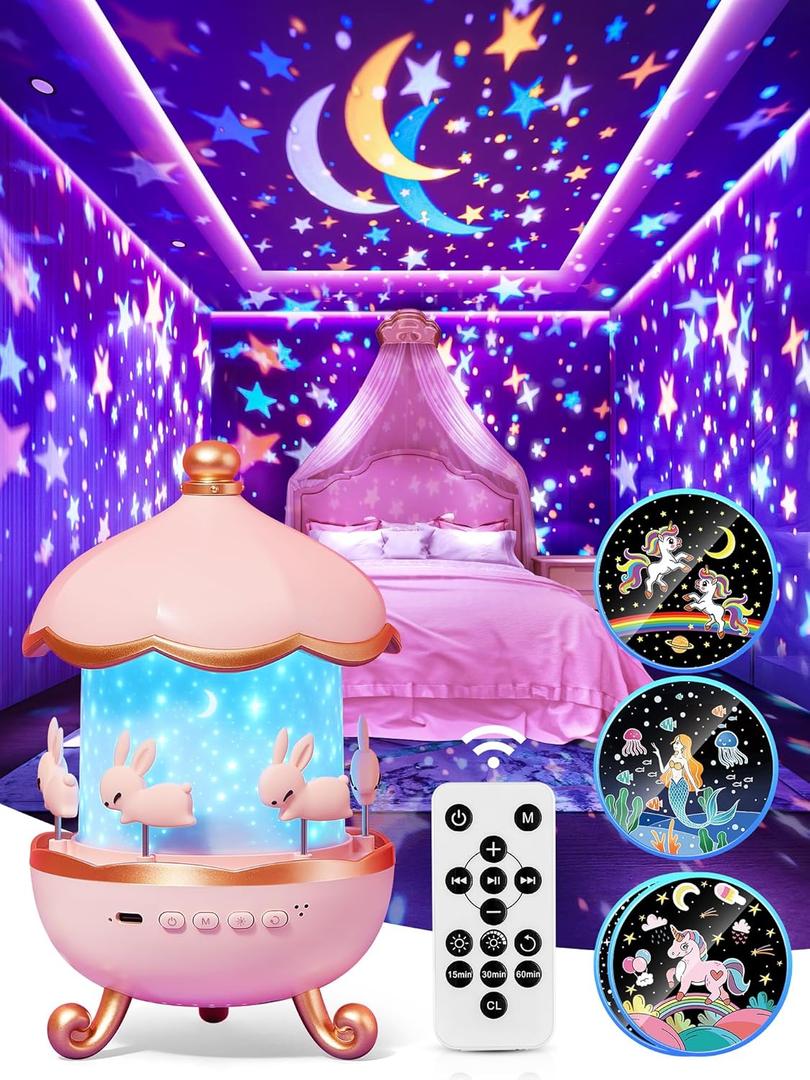 Carousel Night Light for Kids, 15 Music+15 Films+315 Colors Star Projector for Kids Night Light Projector,360+Remote+1200mah Star Lights for Ceiling, Unicorn Toys for Girls Room Decor Christmas Gifts
