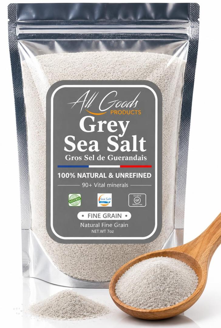All Goods French Grey Salt Organic 82 Minerals Fine Ground - 7oz, French Gray, Hand-Harvested, Les Guérandais, Unrefined. Exp Date Jan 2030