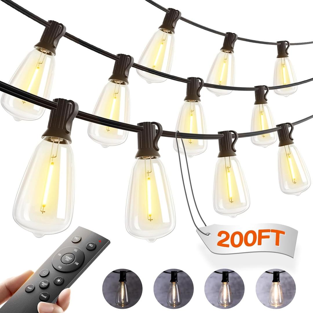 addlon 200FT(50FT*4) Outdoor String Lights with Remote,Waterproof Patio Lights ETL Listed with Shatterproof Dimmable ST38 LED Bulbs Connectable Outdoor Lighting for Backyard Bistro Garden Bistro