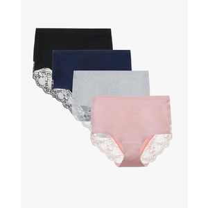 Women's Combed Cotton Lace Full Coverage High Rise Seamless Brief Panty Underwear 4 Pack Size L