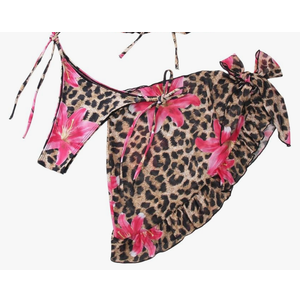 MakeMeChic Women's 3 Piece Leopard Print Floral Halter Triangle Tie Back Ruffle Bikini Set with Cover Up Skirt, Medium