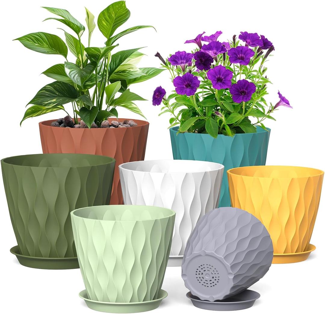 Meowell 7/6.5/6/5.5/5/4.5/4 inch Plant Pots for Indoor Outdoor Plants, 7 Pack Thick Flower Pots with Drainage Holes and Saucers, Modern Wave Texture Small Plastic Planters Nursery Pots, Multicolor, 7+6.5+6+5.5+5+4.5+4 in 7 set
