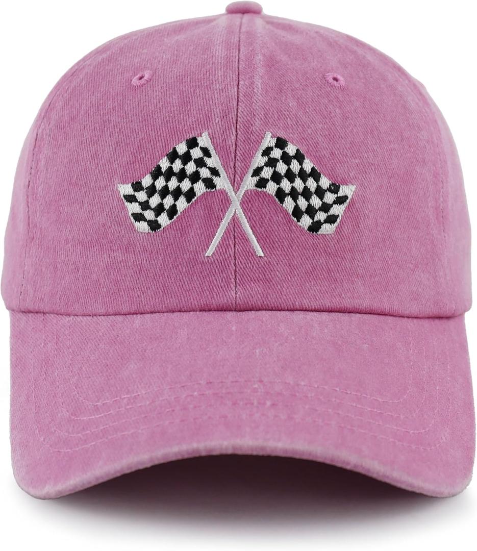 Racing Hat for Men Women, Adjustable Embroidered Washed Cotton Checkered Flags Race Car Baseball Cap (One Size, Pink)