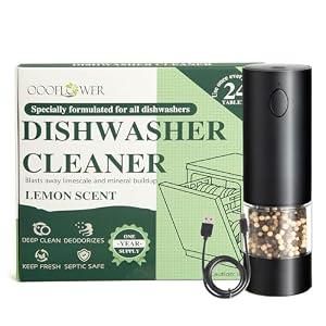 OOOFLOWER 24PCS Dishwasher Cleaner and Deodorizer Tablets with Electric Pepper Grinder, Deep Cleaning Formula Tablets for Removing Limescale, Odor, Smell, Hard Water Residue(Lemon-Scented)