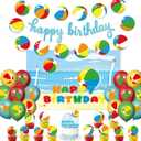 Beach Ball Birthday Party Decorations Includes Banner-Cake Topper-Cupcake Toppers-Balloons for Summer Pool Beach Birthday Party Supplies