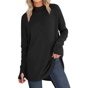 JUSTFASHIONNOW Tunic Tops for Women Casual Long Sleeve Turtle Neck Shirts Thumb Hole Curved Hem Tops Fall Fashion, XXL