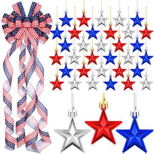 Cindeer 37 Pcs Patriotic Decorations Bow Large America Flag for Wreath 36 Pcs Patriotic Red White Blue Ornaments Tree Topper Decorations for 4th of July Independence 250th Anniversary Holiday