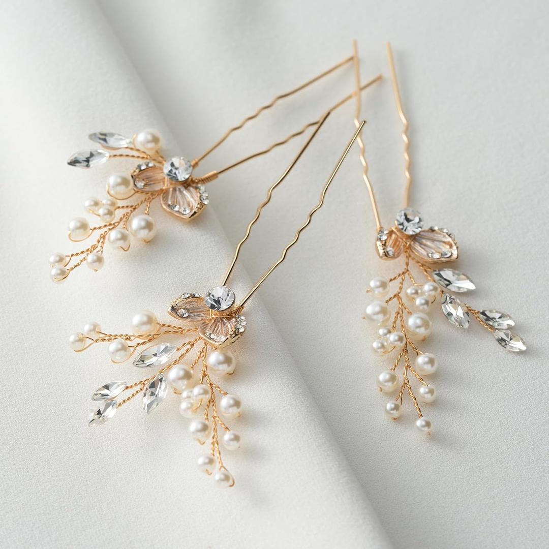 SWEETV Hair Pins, 3Pcs Bridal Hair Accessories Pearl Bride Wedding Hair Pins Leaf Bridal Head Piece Rhinestones Gold Hair Jewelry for Women and Girls
