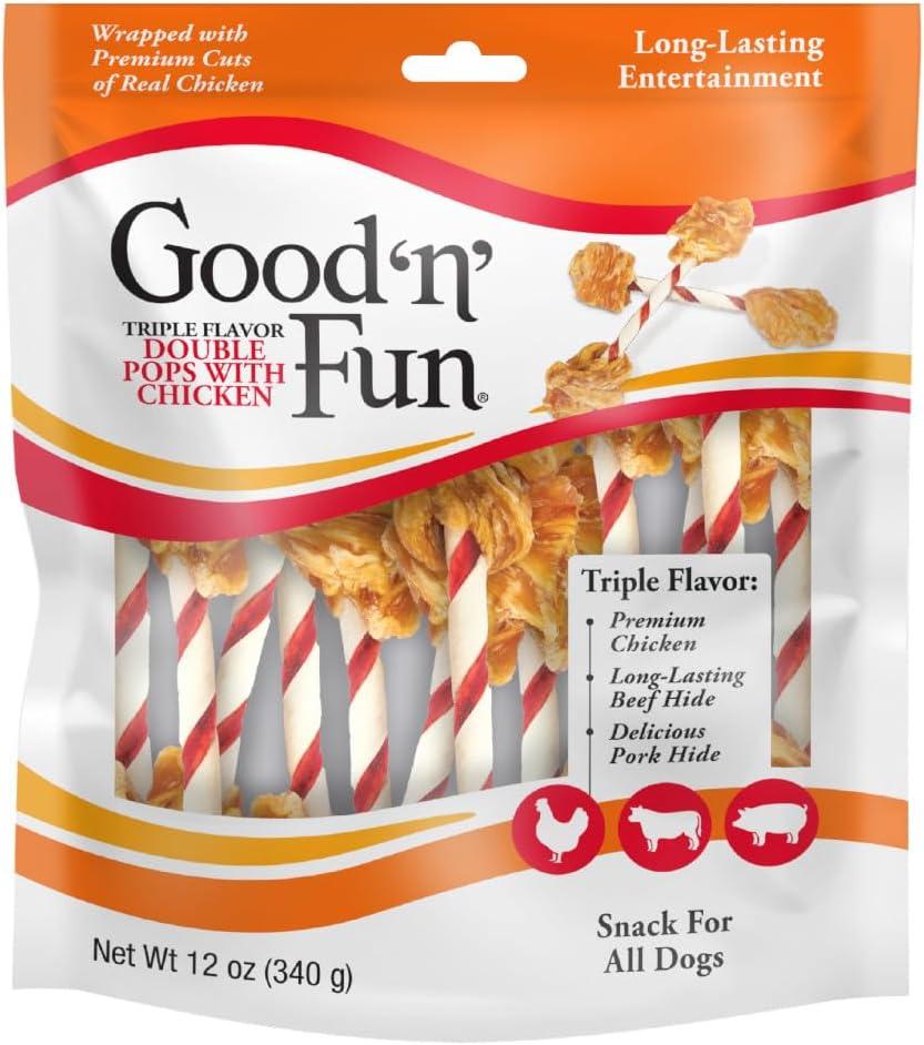 GOOD 'N' FUN Triple Flavor Double Pops with Chicken Chews for All Dogs, 12 Ounces, Treat Your Dog to Chews Made with Real Chicken, Beef Hide and Pork Hide (BBD 09/18/2027) 