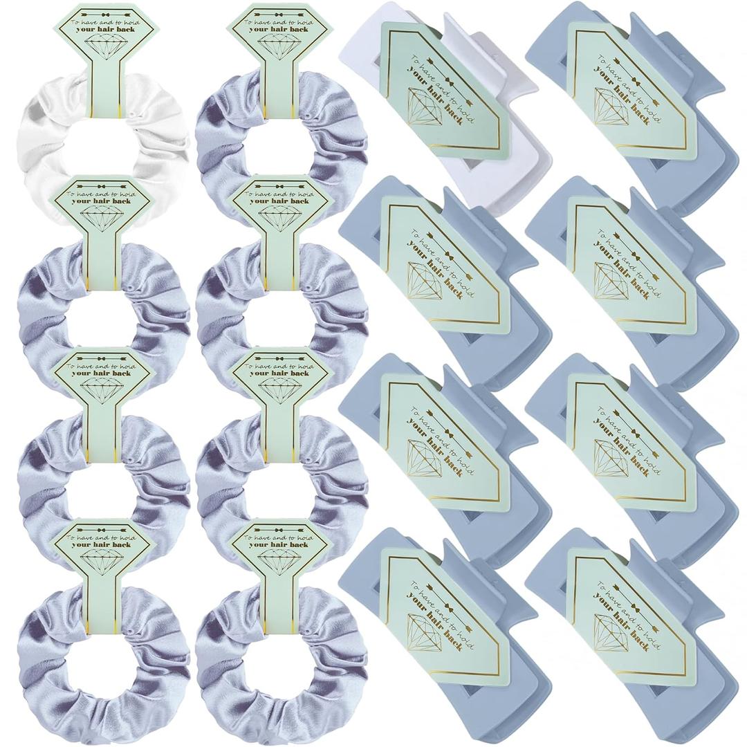 Bridesmaid Proposal Gifts 8pcs Hair Claw Clips & 8pcs Satin Hair Ties Scrunchies Bachelorette Party Bridal Shower Present Good ideas Gift for Wedding Party Favors White&Dusty Blue