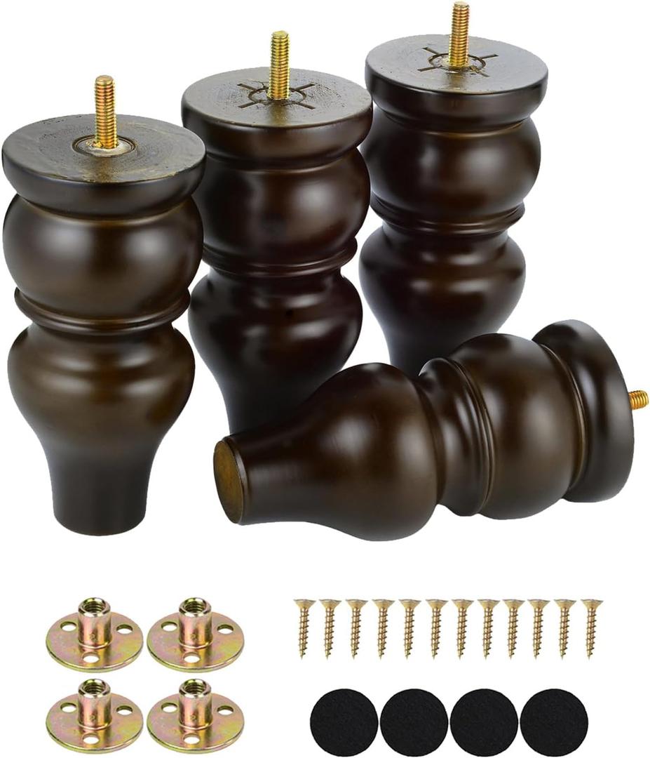 Maricome 6 Inch Replacement Furniture Legs Pre-drilled M8 Bolt Bun Feet Set of 4 Wood Legs for Sofa Couch Cabinet Mid Century High Polish Finish, 6 Inch Espresso
