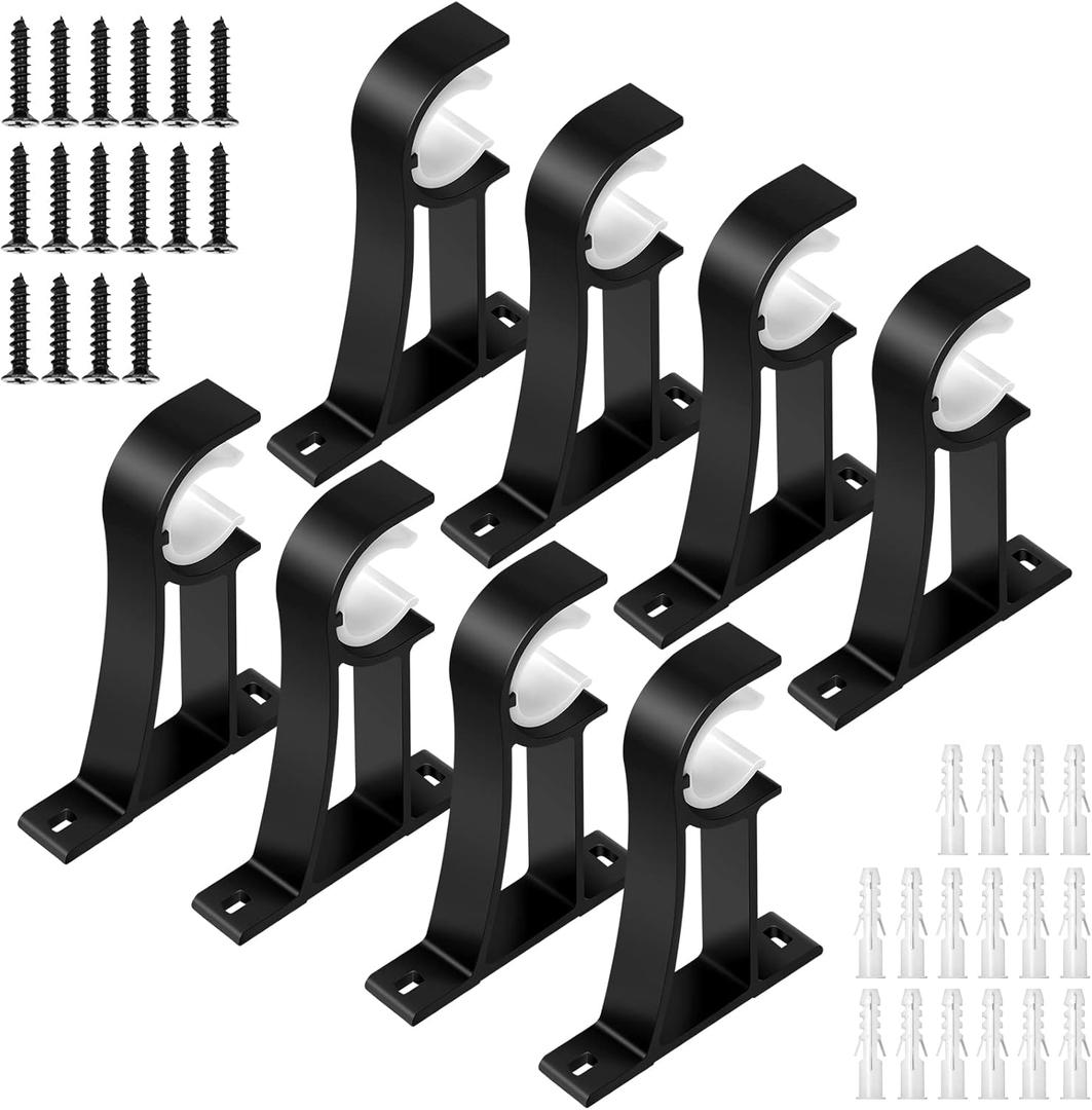 KOLAKO 8 Pack Curtain Rod Bracket, 1 Inch Heavy Duty Curtain Rod Holder Black Drapery Single Rods Brackets Hooks for Wall