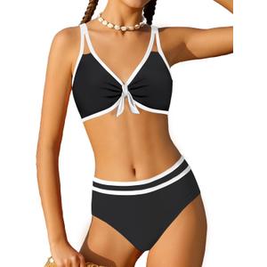 Girls Swimsuit Two Piece Cute Bunny Knot Bikini Set Color Block Welt Twist Cross Girls Bathing Suit 9-16 Years (11-12 Years, Black)