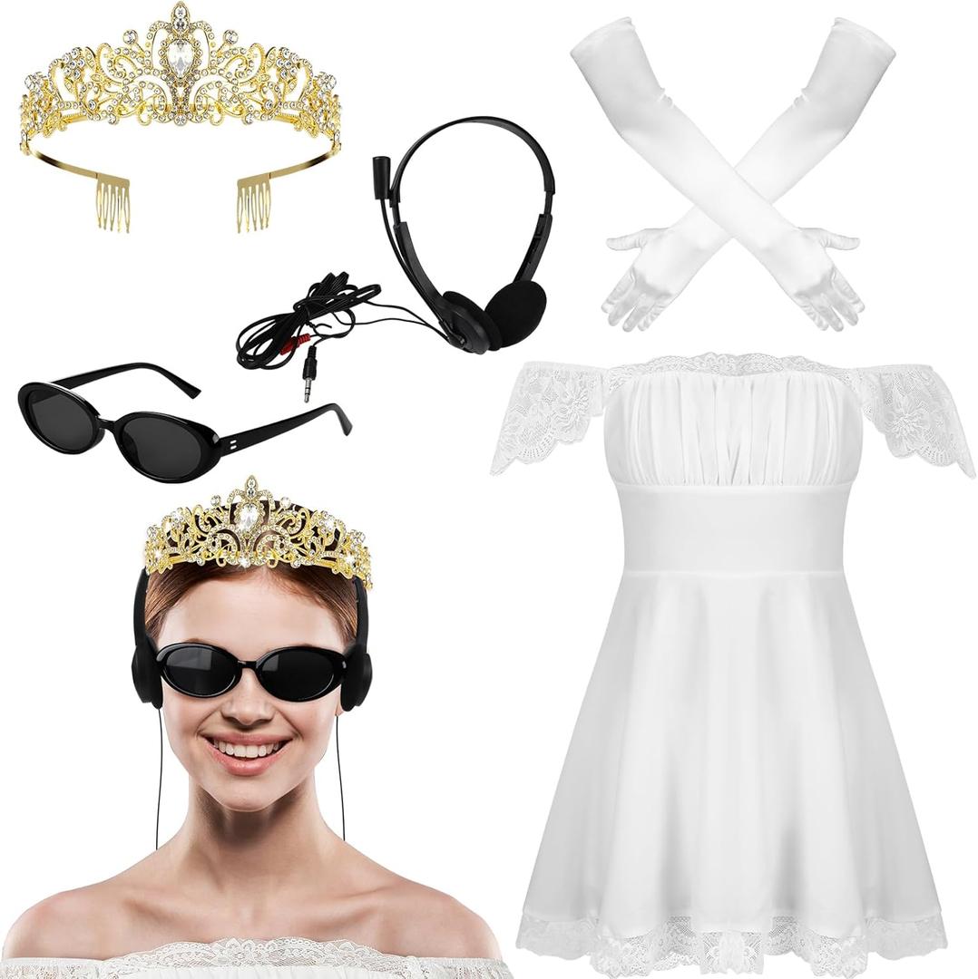 Tellingyou 5 Pcs Halloween Princess Costume Women Outfits white Dress Crown Headphone Sunglasses Gloves for Cosplay Party