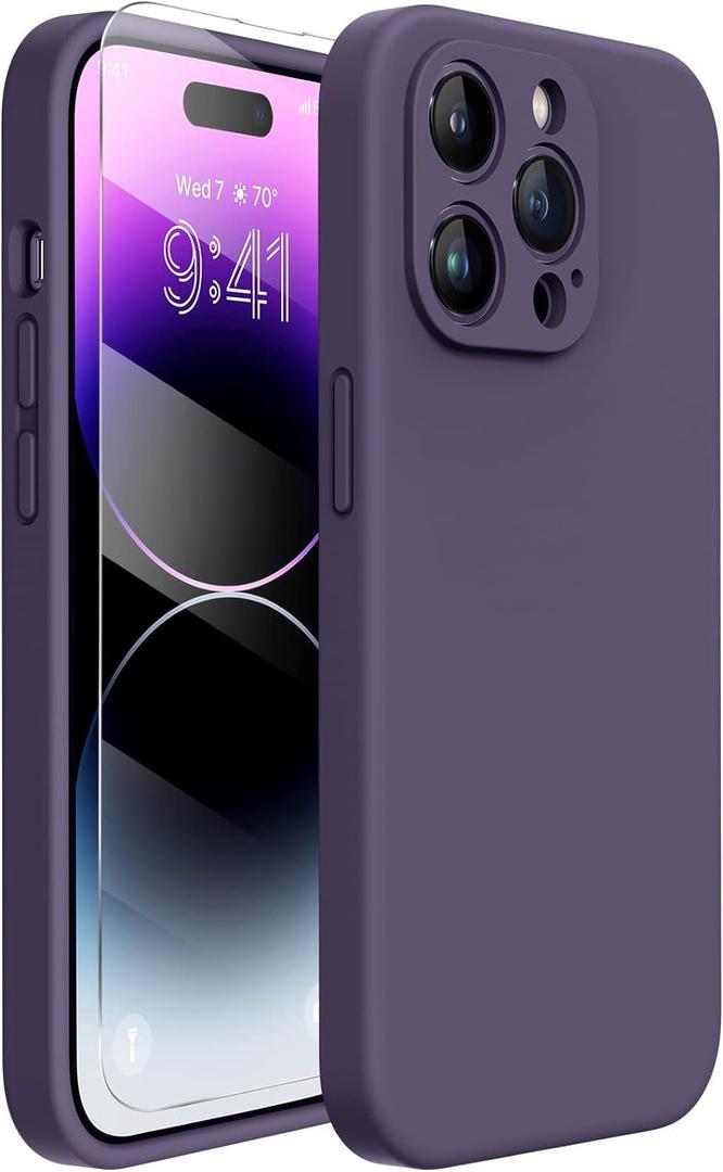 Miracase Designed for iPhone 14 Pro Case, with Tempered Glass Screen Protector, [Upgraded Camera Protection], Shockproof Liquid Silicone Rubber Phone Case Cover for 14 Pro 6.1 inch, Dark Purple