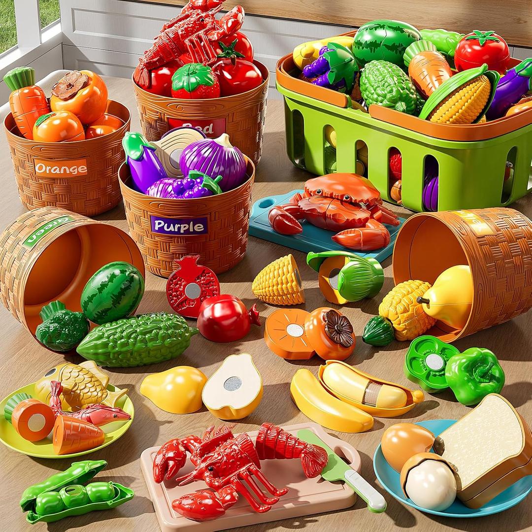 Play Food Set for Kids, Toddler Learning Toys, Cutting Food Toy Color Sorting Set, Pretend Food Play Kitchen Accessories for Kids, Birthday Gifts for 3-8 Years old Boys Girls Educational Toys