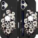 IWONE Compatible with iPhone 16 Plus Case with Card Holder Cute Shockproof Drop Protection Phone Wallet Slot Cover Cases for Women - Black Floral Skull Skeleton