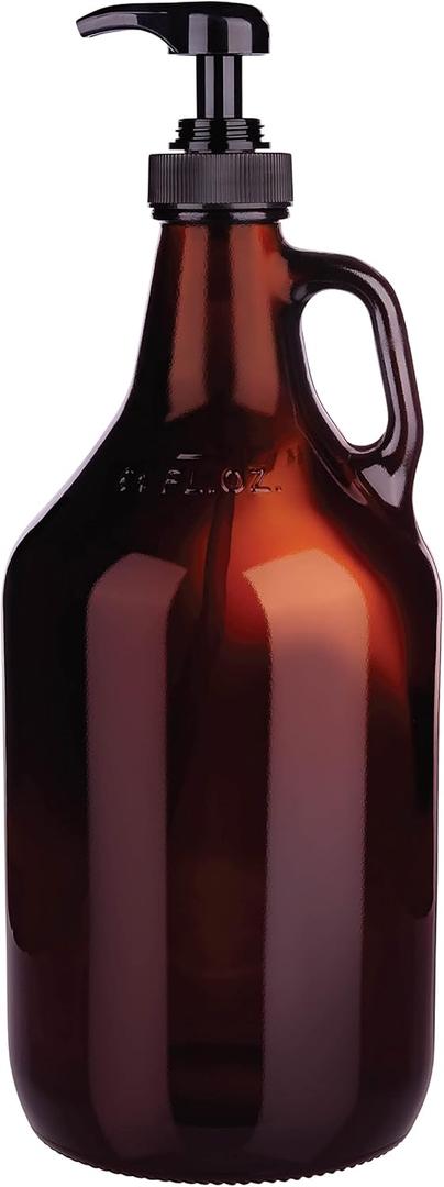 Half Gallon Glass Pump Dispenser Bottle, Large Jug with Pump for Laundry Soap Dispenser, Liquid Detergent, Fabric Softener, Syrup Pump - 64 oz Capacity - Amber Bottle- Pack of 2, by Kitchentoolz