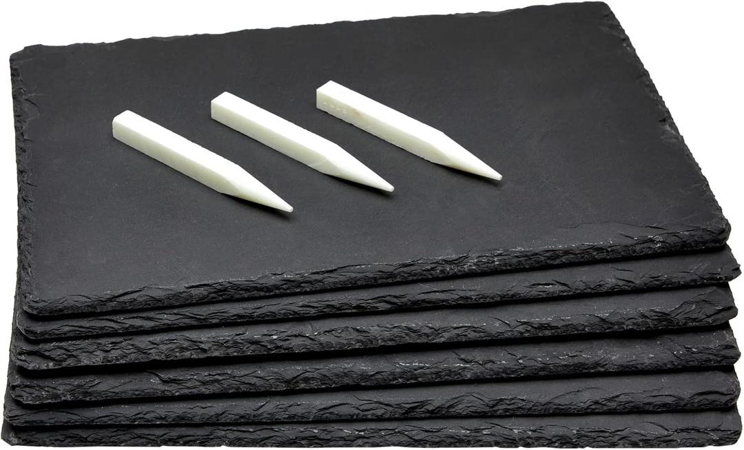 Juvale Mini Charcuterie Boards - 11.8 x 7.9 in, Black, Set Of 6 - Reusable Slate Plates with 3 Chalk Pieces - Heat-Resistant & Non-Porous - Versatile Sushi Plates & Gourmet Cheese Platter Display