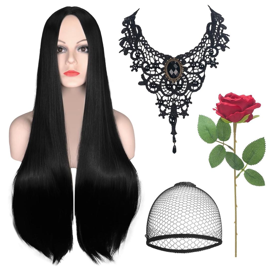 Long Black Wigs For Women, 28" Long Black Witch Wig for Morticia Costume, Middle Part Straight Cosplay Wigs, Rose and Gothic Necklace Set for Halloween Witch Costume