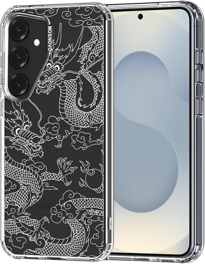 MOSNOVO Case for Samsung Galaxy S25 Ultra, [Buffertech 6.6ft Military-Grade Drop Protection] [Anti Peel Off Tech] Clear TPU Bumper Phone Case Cover Design - White Dragon