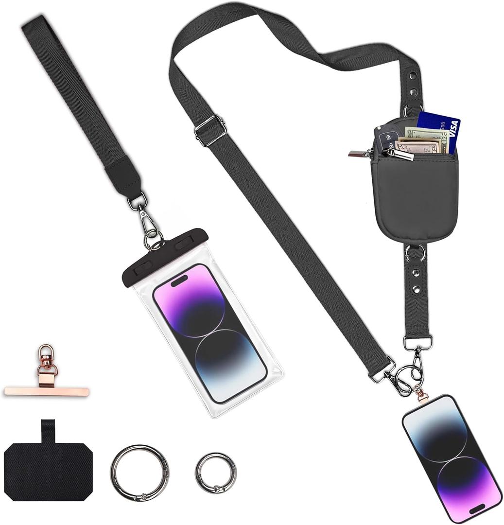 Clip and Go Strap for Phone with Wallet Crossbody  Adjustable Cellphone Lanyard for Women (Black)