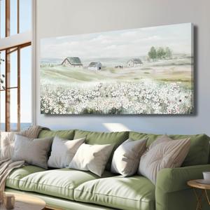 VAYIMDH Farmhouse Wall Art White Flowers Painting Rustic Scenery Green Pictures Wall Decor 24"x 48" Meadow Prints for Living Room Dining Room Bedroom Aesthetic