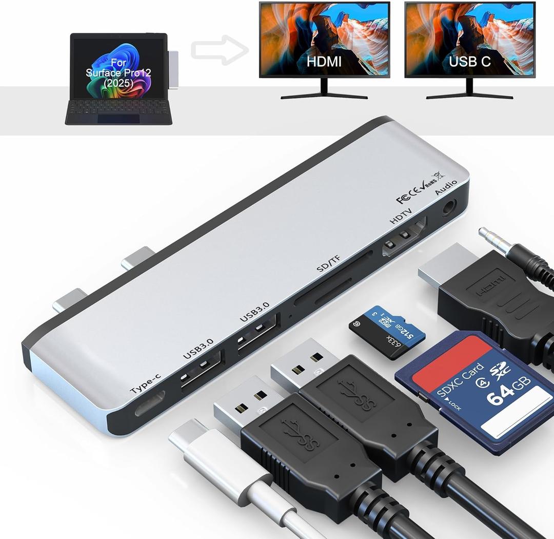 Surface Pro 12 Docking Station, USB Hub and Adapter with 4K HDMI, USB-C Thunderbolt 4 (Display+Data+100W PD), 2 USB 3.0, 3.5mm Audio, SD/TF Card Slot for Surface Pro 12 inch 2025