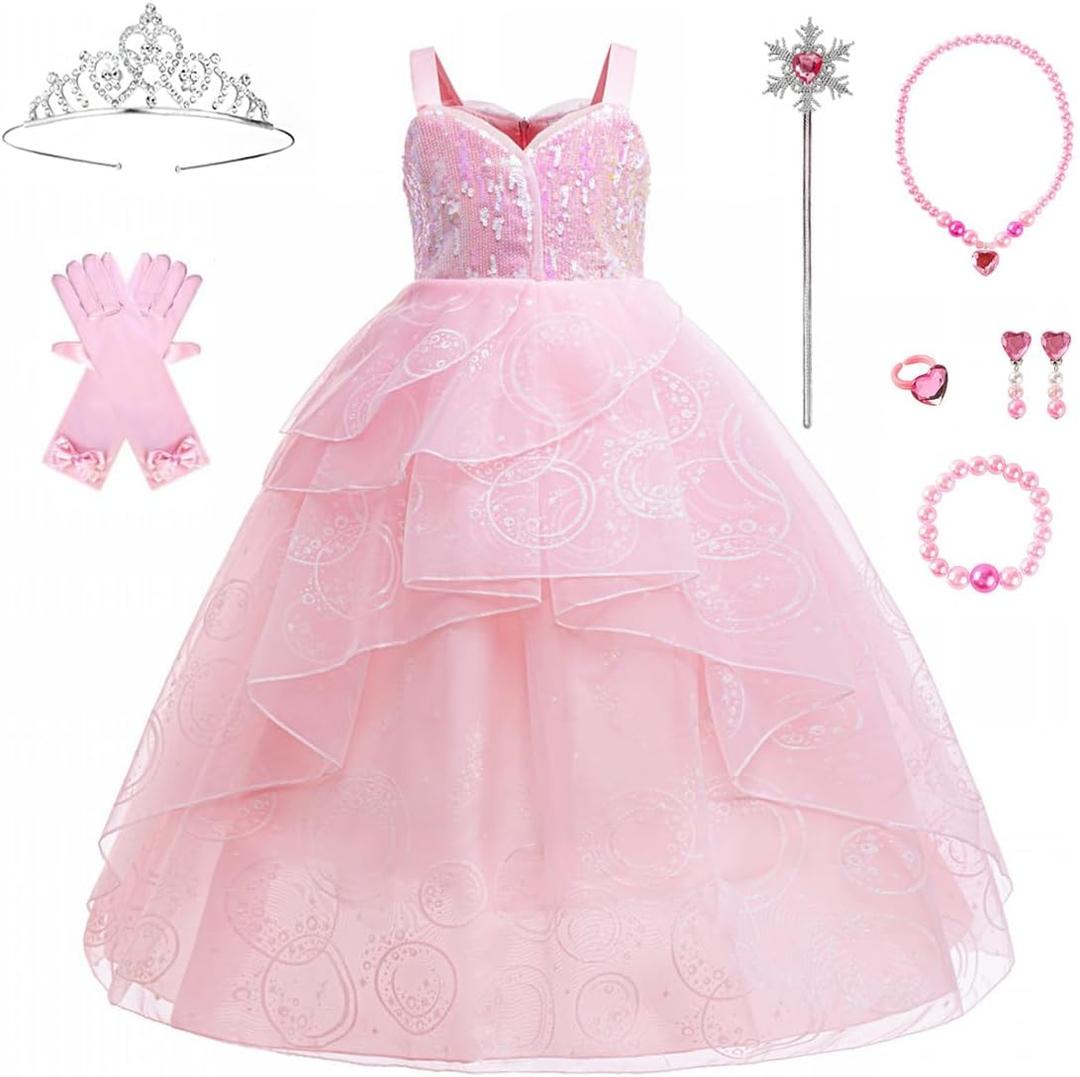Pink Princess Costume Dress for Girls Halloween Costume Witch Cosplay Bubble Tulle Dress Up Outfits with Accessories (11-12 Years)